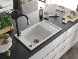 Mexen Elias granitový dřez 1-komorový s odkapávačem a kuchyňskou baterií Savita, bílý - 6511-20-672601-70