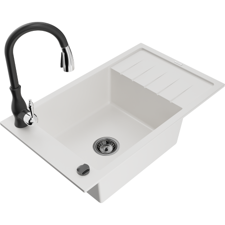 Mexen Elias granitový dřez 1-komorový s odkapávačem a kuchyňskou baterií Savita, bílý - 6511-20-672601-70