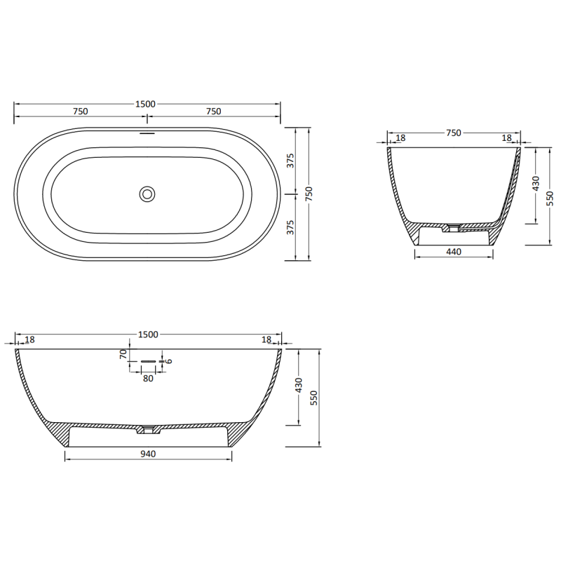 Mexen Rimini volně stojící vana z konglomerátu 150 x 75 cm, černý mat - 57241507570