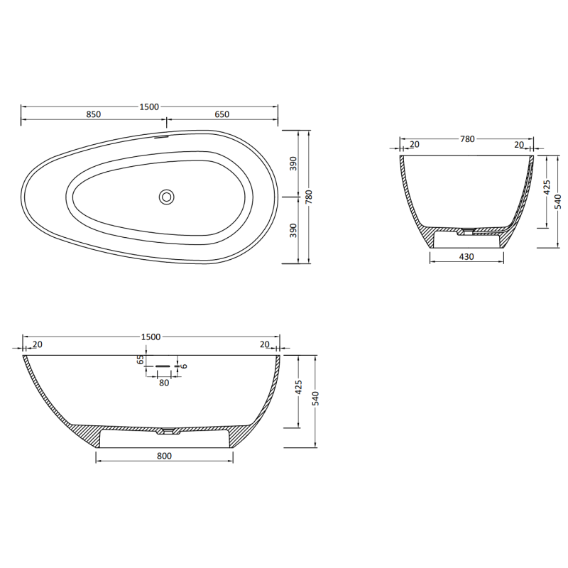 Mexen Palermo volně stojící vana z konglomerátu 150 x 78 cm, bílá mat - 57211507800