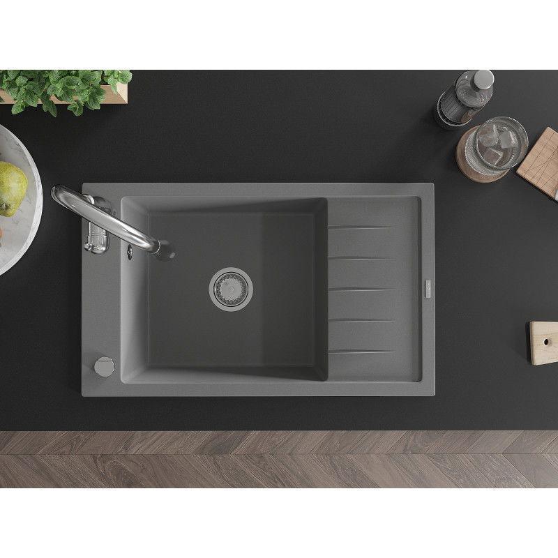 Mexen Elias granitový jednodřez s odkapávačem a kuchyňskou baterií Savita, šedý - 6511-71-672601-00