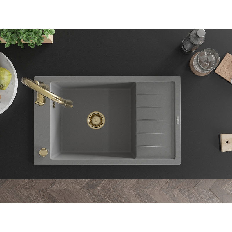 Mexen Elias granitový dřez 1-komorový s odkapávačem a kuchyňskou baterií Savita, šedý - 6511-71-672601-50