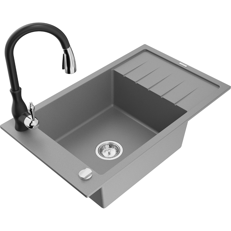 Mexen Elias granitový dřez 1-komorový s odkapem a kuchyňskou baterií Savita, šedý - 6511-71-672601-70