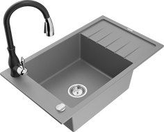 Mexen Elias granitový dřez 1-komorový s odkapem a kuchyňskou baterií Savita, šedý - 6511-71-672601-70