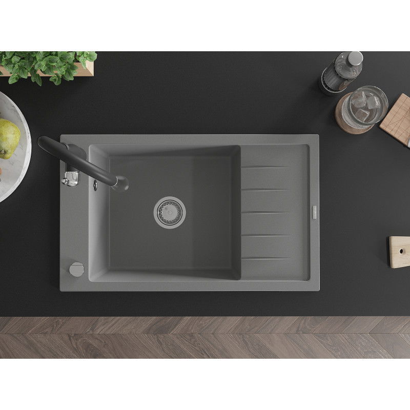 Mexen Elias granitový dřez 1-komorový s odkapem a kuchyňskou baterií Savita, šedý - 6511-71-672601-70