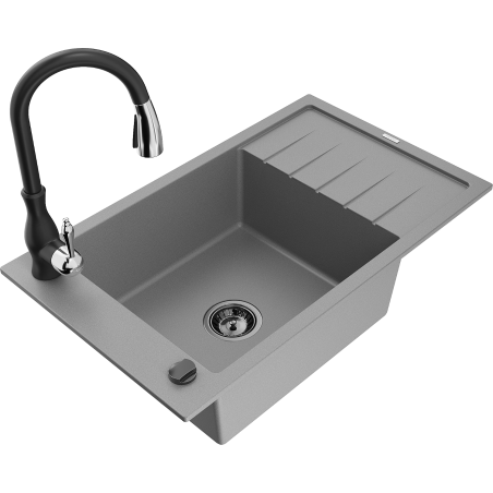 Mexen Elias dřez jednokomorový 1-komorový s odkapávačem a kuchyňskou baterií Savita, šedý - 6511-71-672601-70-B