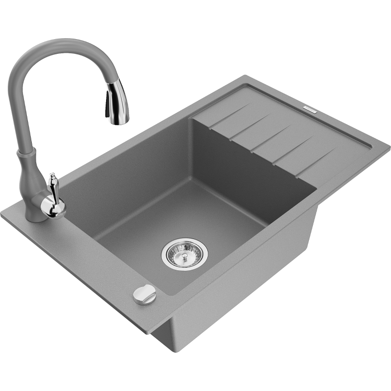 Mexen Elias granitový dřez 1-komorový s odkapávačem a kuchyňskou baterií Savita, šedý - 6511-71-672601-71