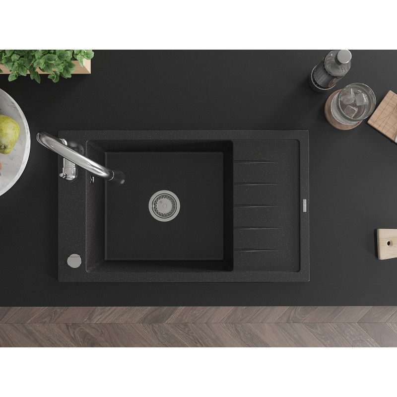 Mexen Elias granitový dřez s 1 komorou a odkapávačem a kuchyňskou baterií Savita, černá/stříbrná metalíza- 6511-73-672601-00