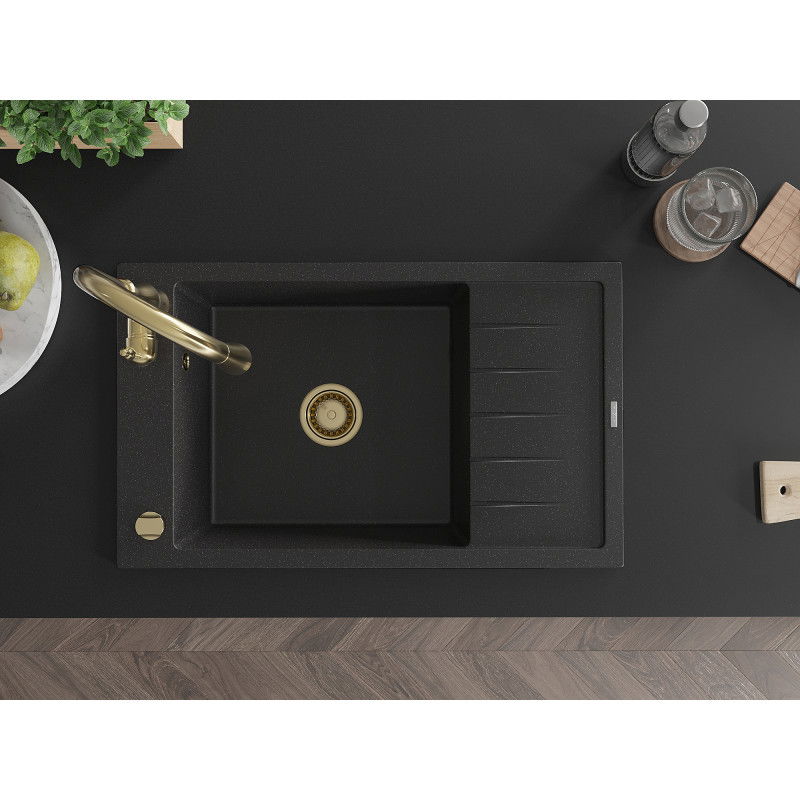 Mexen Elias granitový dřez 1-komorový s odkapávačem a kuchyňskou baterií Savita, černý/stříbrný metalik- 6511-73-672601-50