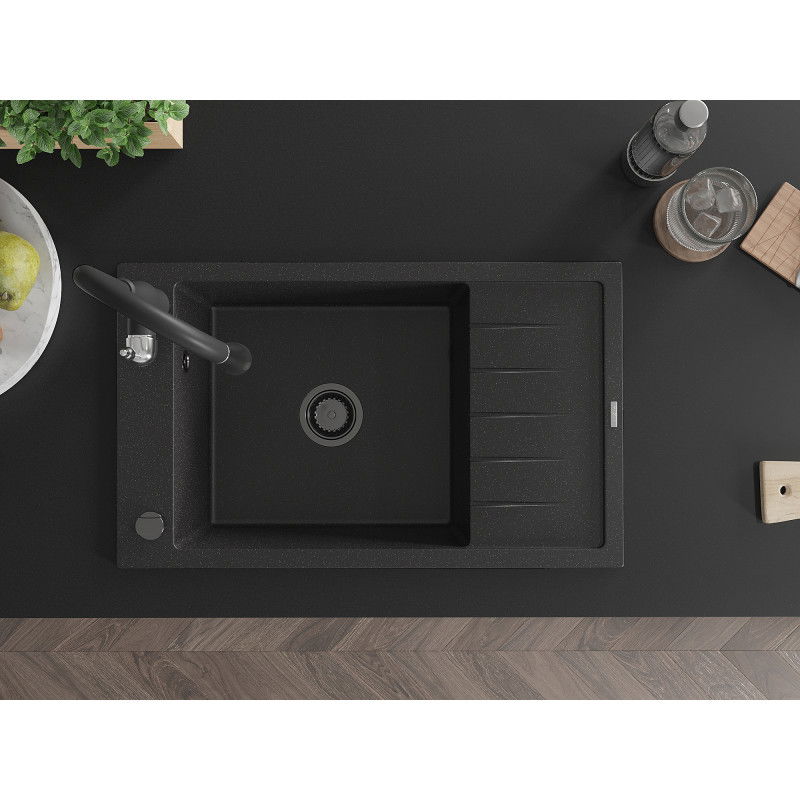 Mexen Elias granitový dřez 1-komorový s odkapávačem a kuchyňskou baterií Savita, černý/stříbrný metalík- 6511-73-672601-70-B