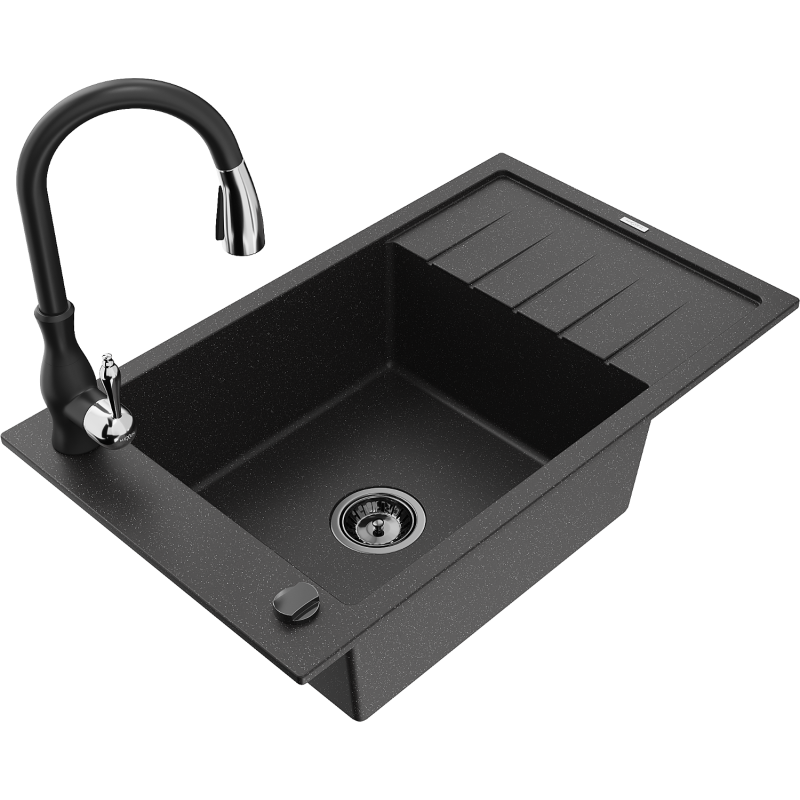 Mexen Elias granitový dřez 1-komorový s odkapávačem a kuchyňskou baterií Savita, černý/stříbrný metalík- 6511-73-672601-70-B