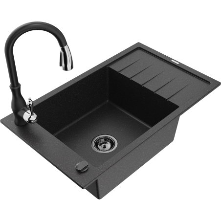 Mexen Elias granitový dřez 1-komorový s odkapávačem a kuchyňskou baterií Savita, černý/stříbrný metalík- 6511-73-672601-70-B