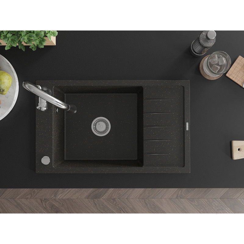 Mexen Elias granitový dřez 1-komorový s odkapávačem a kuchyňskou baterií Savita, černá/zlatý metalik- 6511-75-672601-00