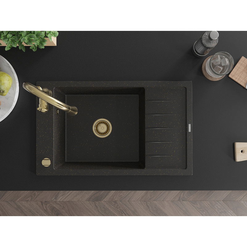 Mexen Elias granitový jednodřez s odkapávačem a kuchyňskou baterií Savita, černý/zlatý metalik - 6511-75-672601-50