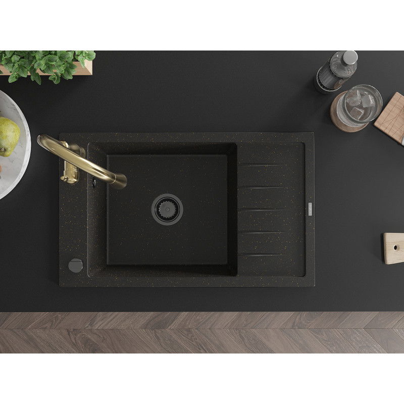 Mexen Elias granitový dřez 1-komorový s odkapávačem a kuchyňskou baterií Savita, černo/zlatý metalik - 6511-75-672601-50-B