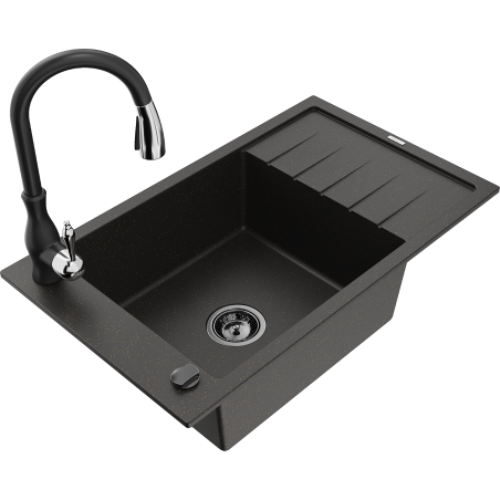 Mexen Elias granitový dřez 1-komorový s odkapávačem a kuchyňskou baterií Savita, černý/zlatý metalik - 6511-75-672601-70-B