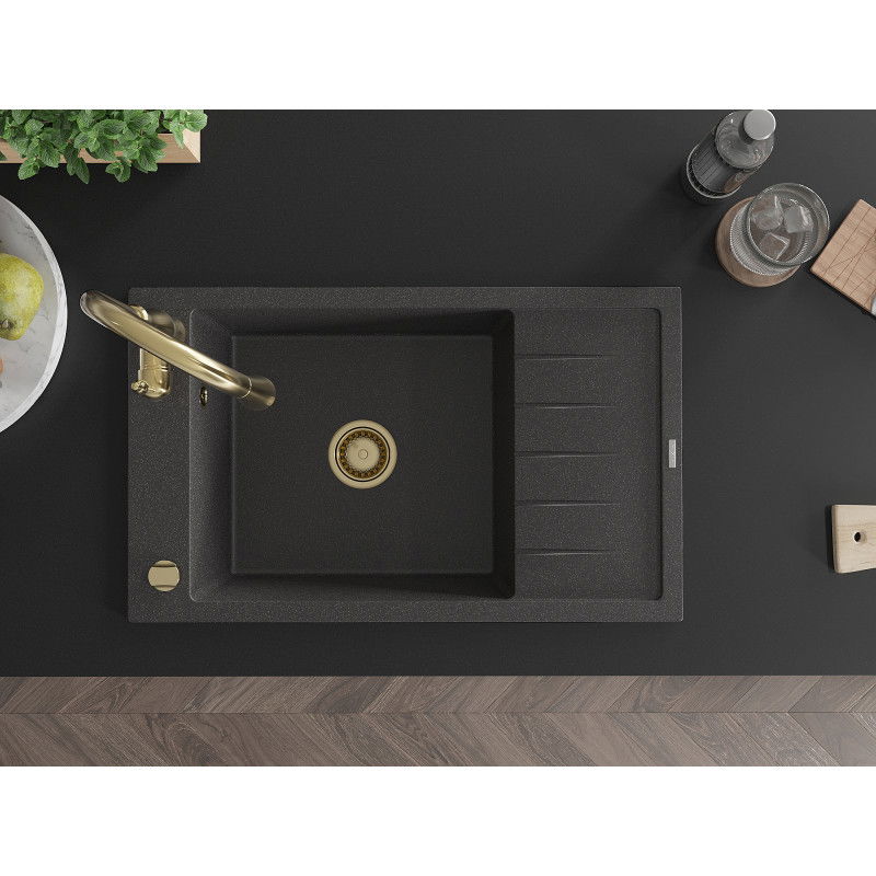Mexen Elias granitový dřez 1-komorový s odkapávačem a kuchyňskou baterií Savita, černý kropenatý - 6511-76-672601-50