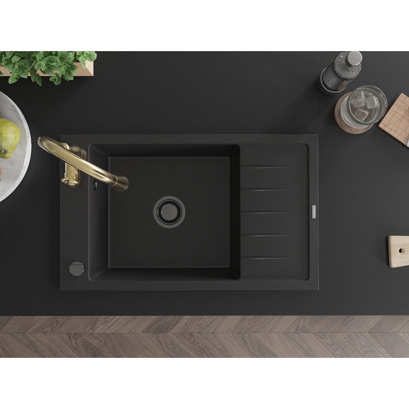 Mexen Elias granitový dřez 1-komorový s odkapávačem a kuchyňskou baterií Savita, černý - 6511-77-672601-50-B