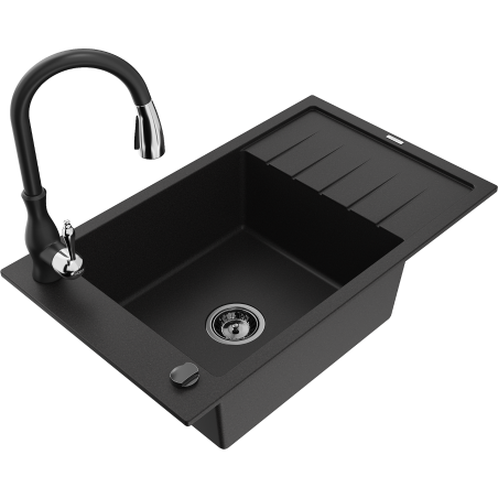 Mexen Elias granitový dřez 1-komorový s odkapávačem a kuchyňskou baterií Savita, černý - 6511-77-672601-70-B