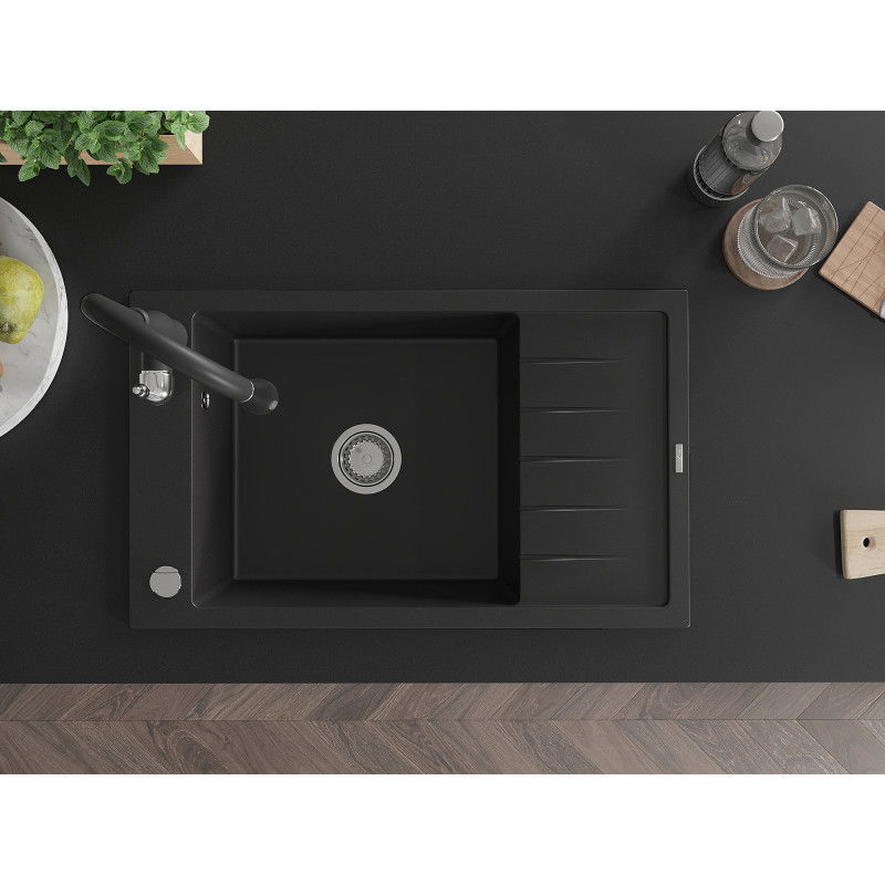Mexen Elias granitový dřez 1-komorový s odkapávačem a kuchyňskou baterií Savita, černý - 6511-77-672601-70