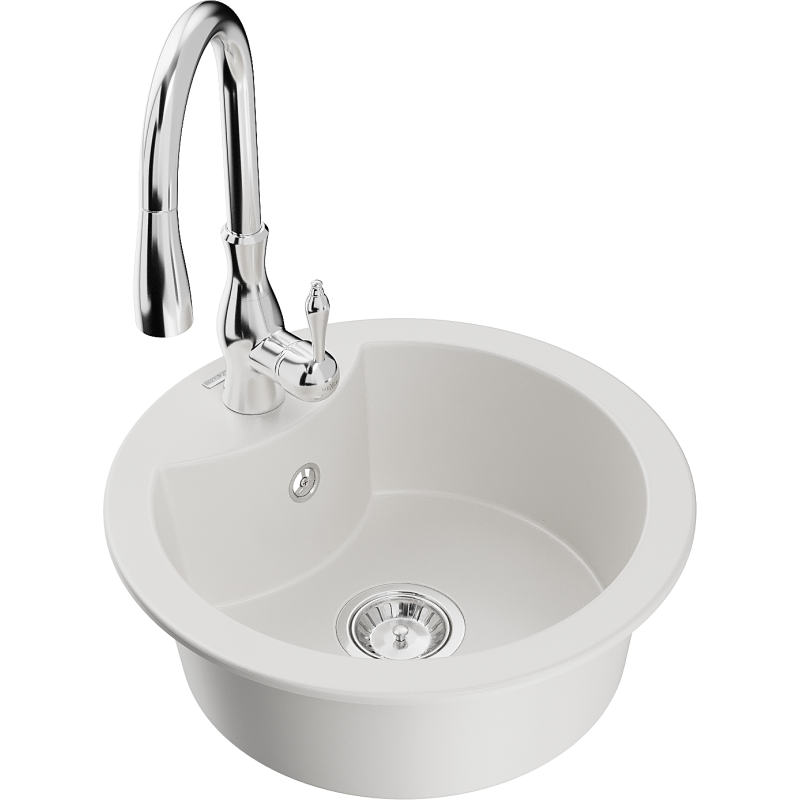 Mexen Diego granitový dřez 1-komorový s kuchyňskou baterií Savita, bílý - 6512-20-672601-00