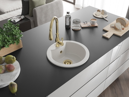 Mexen Diego granitový dřez s 1 komorou a kuchyňskou baterií Savita, bílý - 6512-20-672601-50