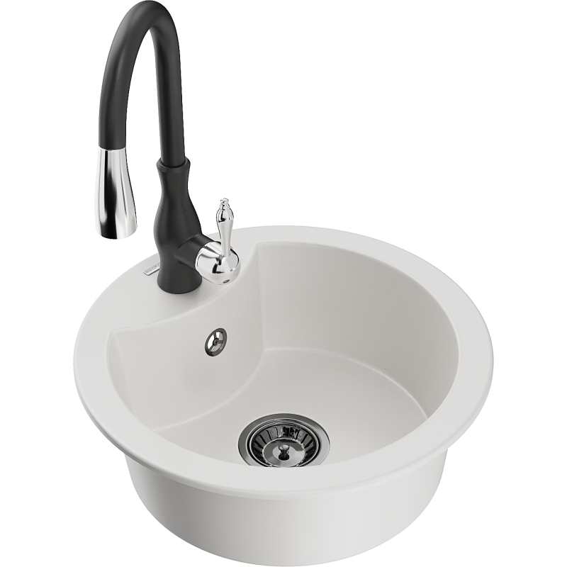 Mexen Diego granitový dřez 1-komorový s kuchyňskou baterií Savita, bílý - 6512-20-672601-70