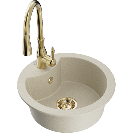 Mexen Diego granitový dřez 1-komorový s kuchyňskou baterií Savita, béžový - 6512-69-672601-50