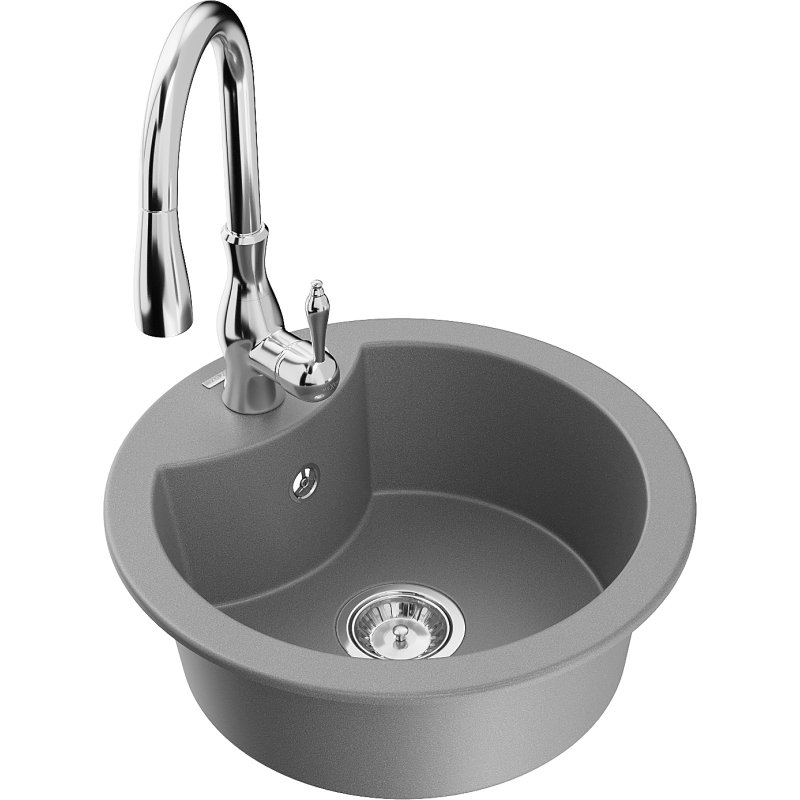 Mexen Diego žulový dřez s 1 komorou a kuchyňskou baterií Savita, šedý - 6512-71-672601-00