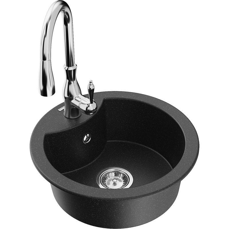 Mexen Diego granitový dřez 1-komorový s kuchyňskou baterií Savita, černý/stříbrný metalík - 6512-73-672601-00