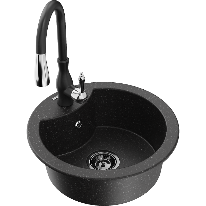 Mexen Diego granitový dřez 1-komorový s kuchyňskou baterií Savita, černý/stříbrný metalický - 6512-73-672601-70-B