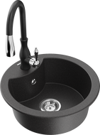 Mexen Diego granitový dřez jednokomorový s kuchyňskou baterií Savita, černý skvrnitý - 6512-76-672601-70