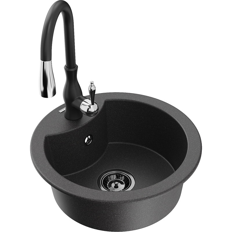 Mexen Diego granitový dřez s 1 komorou a kuchyňskou baterií Savita, černý s tečkami - 6512-76-672601-70-B