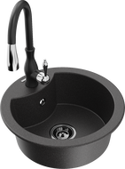 Mexen Diego granitový dřez 1-komorový s kuchyňskou baterií Savita, černý tečkovaný - 6512-76-672601-70-B