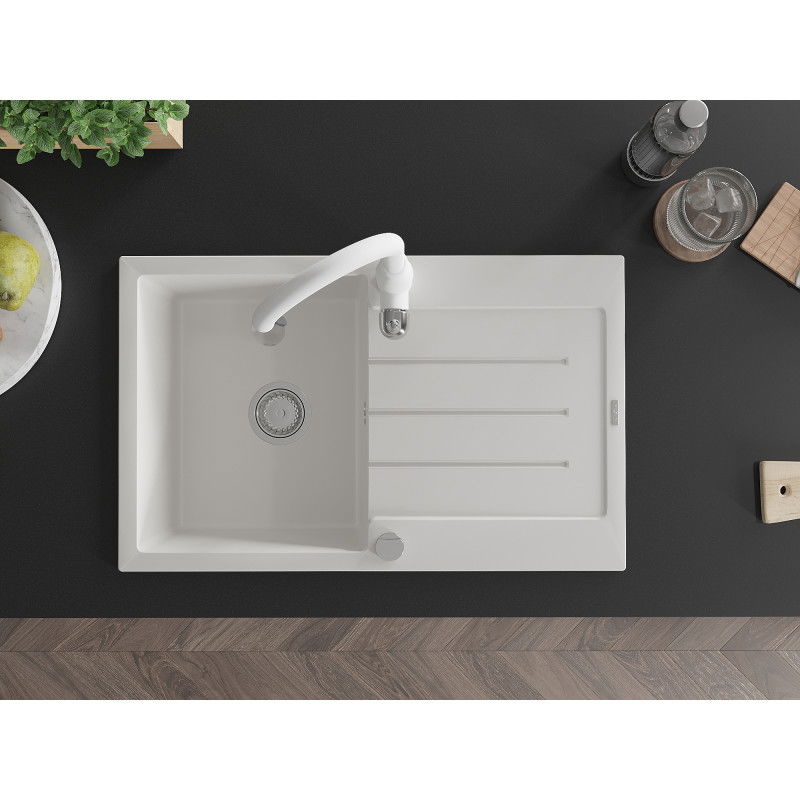 Mexen Bruno jednovanový granitový dřez s odkapávačem a kuchyňskou baterií Savita, bílý - 6513-20-672601-20