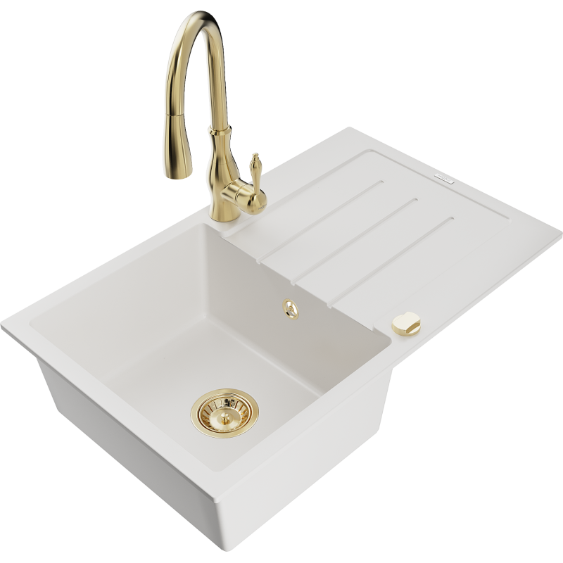 Mexen Bruno granitový dřez 1-komorový s odkapávačem a kuchyňskou baterií Savita, bílý - 6513-20-672601-50