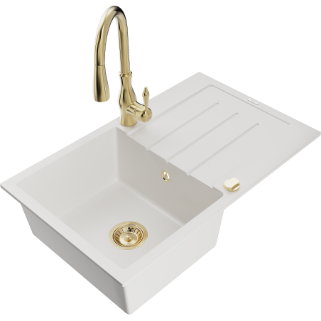 Mexen Bruno granitový dřez 1-komorový s odkapávačem a kuchyňskou baterií Savita, bílý - 6513-20-672601-50