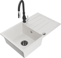 Mexen Bruno granitový dřez 1-komorový s odkapávačem a kuchyňskou baterií Savita, bílý - 6513-20-672601-70