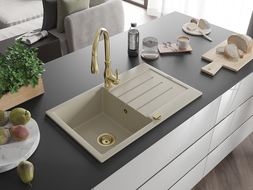 Mexen Bruno granitový dřez 1-komorový s odkapávačem a kuchyňskou baterií Savita, béžový - 6513-69-672601-50