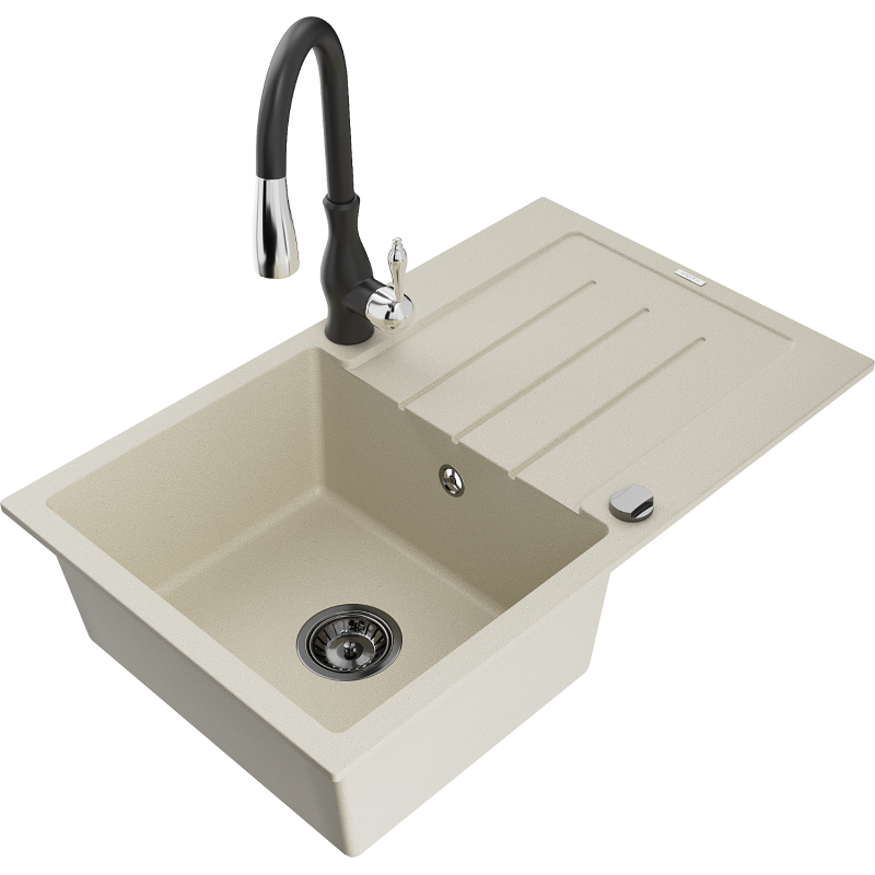 Mexen Bruno granitový dřez 1-komorový s odkapávačem a kuchyňskou baterií Savita, béžový - 6513-69-672601-70