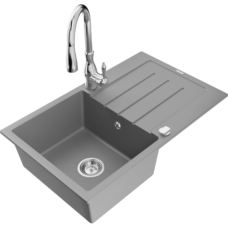 Mexen Bruno granitový dřez 1-komorový s odkapávačem a kuchyňskou baterií Savita, šedý - 6513-71-672601-00