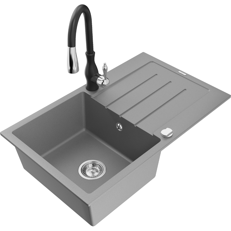 Mexen Bruno granitový dřez s 1 komorou s odkapávačem a kuchyňskou baterií Savita, šedý - 6513-71-672601-70