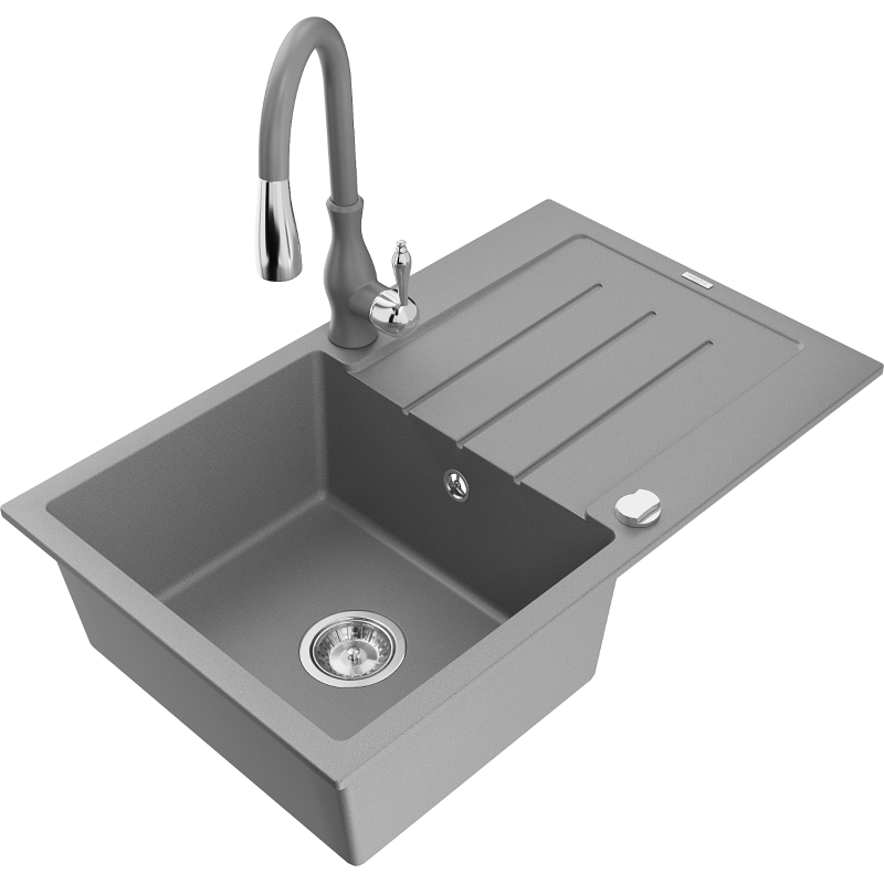 Mexen Bruno granitový dřez 1-komorový s odkapávačem a kuchyňskou baterií Savita, šedý - 6513-71-672601-71