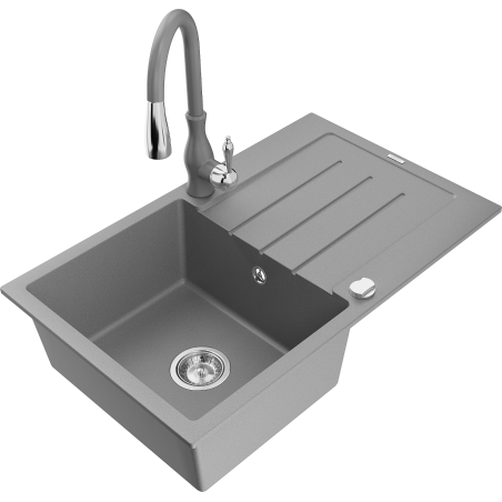 Mexen Bruno granitový dřez 1-komorový s odkapávačem a kuchyňskou baterií Savita, šedý - 6513-71-672601-71