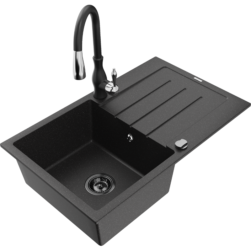 Mexen Bruno keramický dřez s jednou komorou a odkapávačem a kuchyňskou baterií Savita, černý/stříbrný - 6513-73-672601-70-B