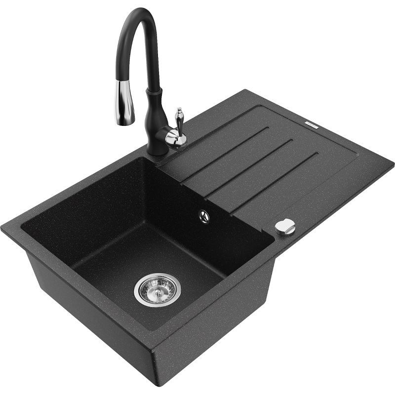 Mexen Bruno žulový dřez s odkapávačem a kuchyňskou baterií Savita, černý/stříbrný metalík - 6513-73-672601-70