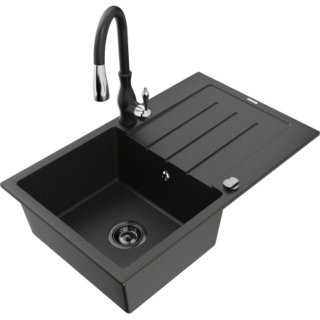 Mexen Bruno granitový dřez 1-komorový s odkapávačem a kuchyňskou baterií Savita, černý/zlatý metalik - 6513-75-672601-70-B