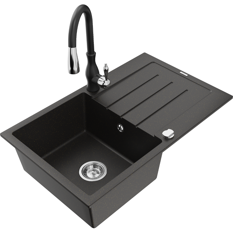 Mexen Bruno granitový dřez 1-komorový s odkapávačem a kuchyňskou baterií Savita, černý/zlatý metalik - 6513-75-672601-70