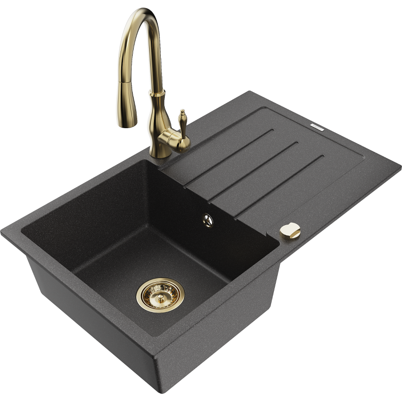 Mexen Bruno granitový dřez 1-komorový s odkapávačem a kuchyňskou baterií Savita, černý skvrnitý - 6513-76-672601-50