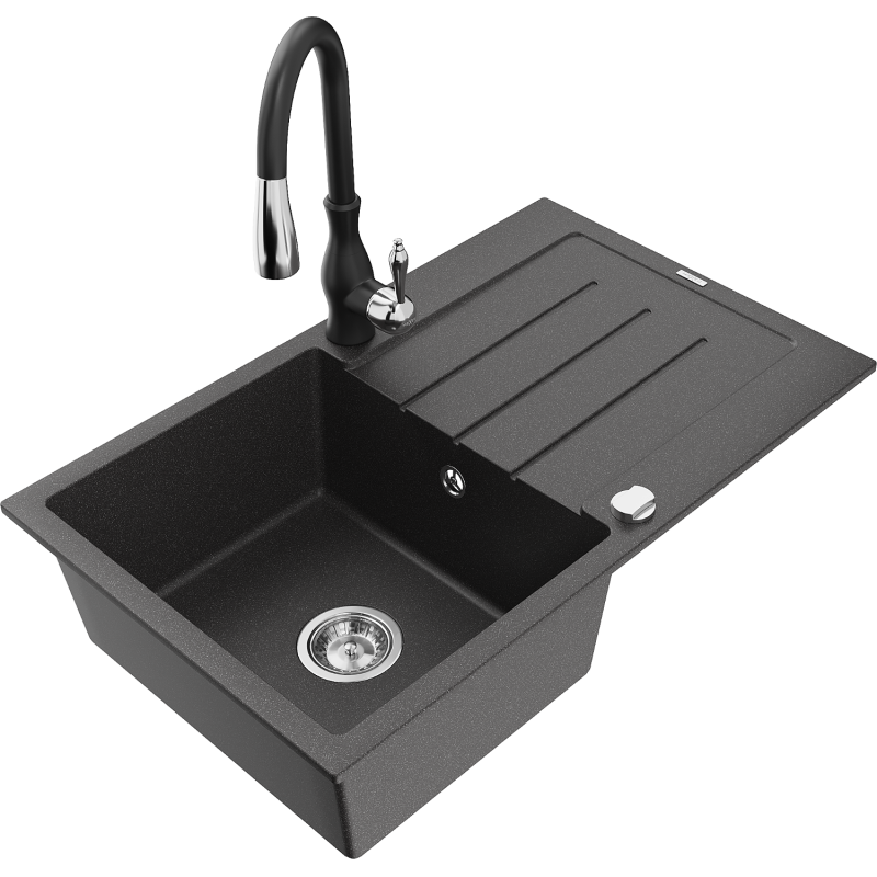 Mexen Bruno granitový dřez 1-komorový s odkapávačem a kuchyňskou baterií Savita, černý kropenatý - 6513-76-672601-70